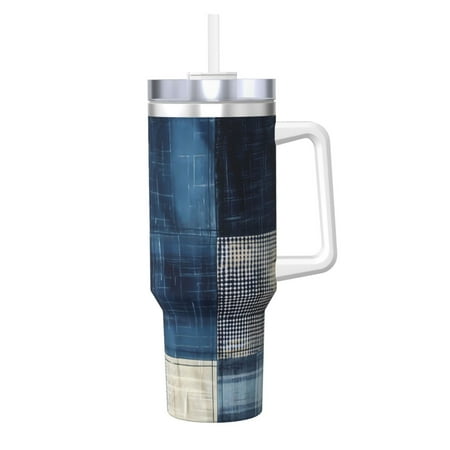 

Cauagu Indigo Patchwork Quilt Print Stainless Steel Vacuum Insulated Tumbler 40oz Water Bottle with Handle & Flip Straw Reusable Travel Coffee Mug for Women & Men