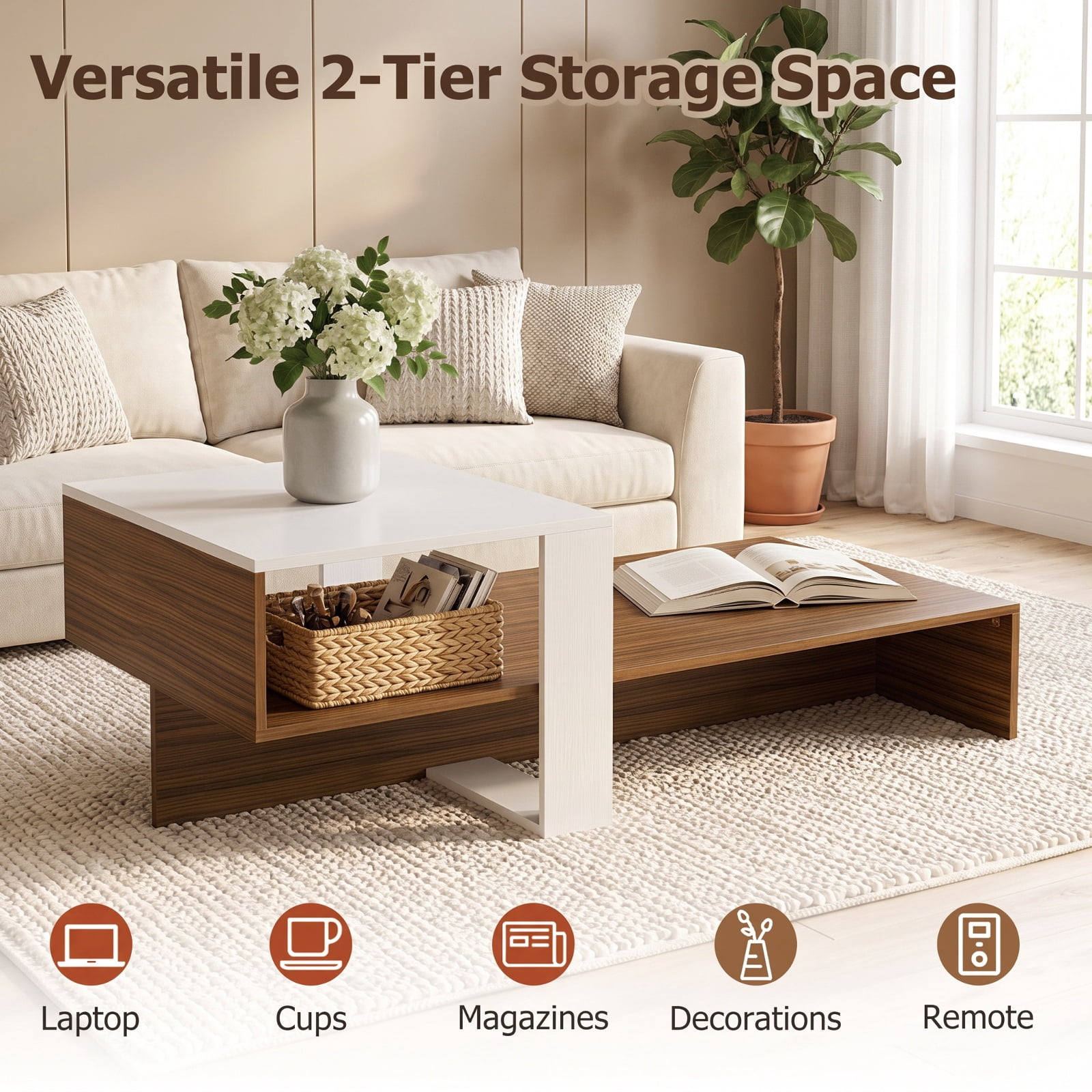 Furnibear 2 Tier Modern Irregular Coffee Table with Open Storage Shelf and Geometric Silhouette for Living Room for Home and Living Space, White and Brown