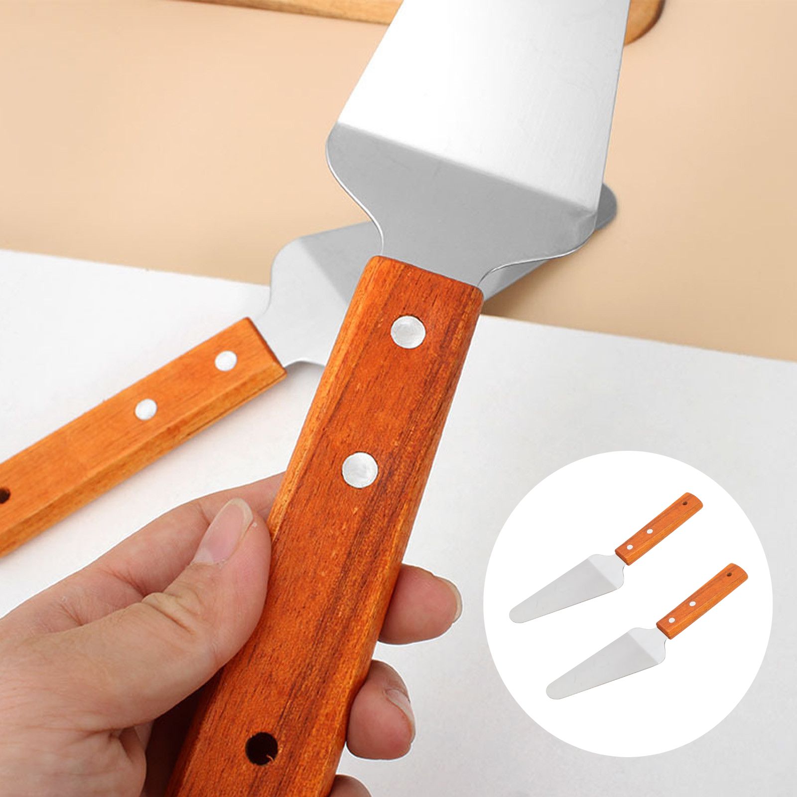 Wooden Handle Pizza Spatula Set Stainless Steel Pie Spatula Frying Spatula Kitchen Cake Transfer Cheese Spatula Household Baking Tools Serving Utensils Pastry Servers(2Pack)