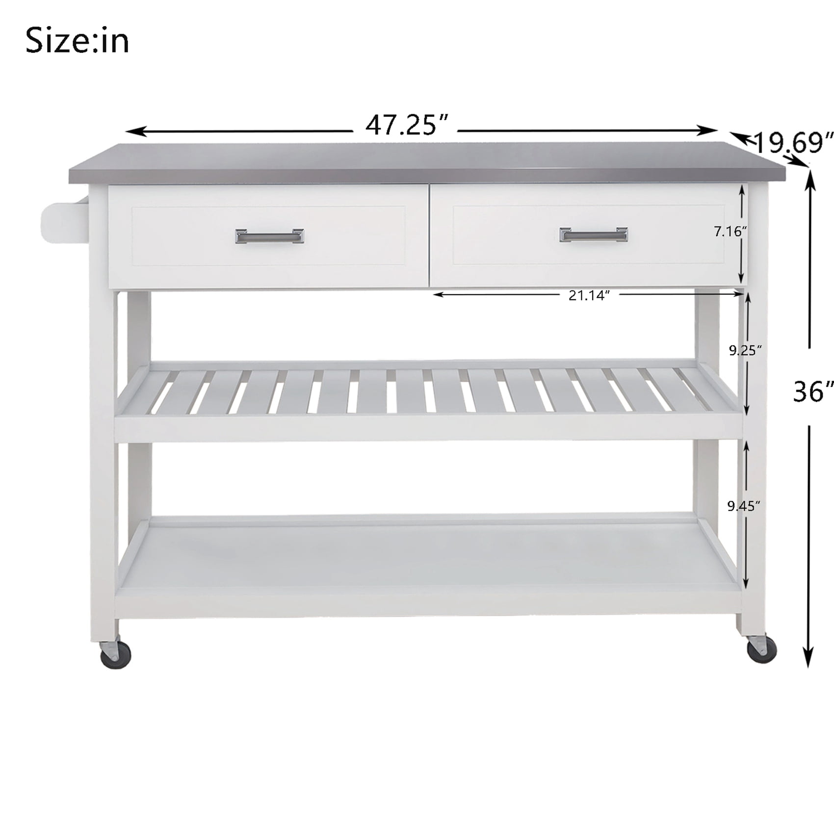 Kitchen Island Cart with Stainless Steel Table Top, Kitchen Islan on Wheels with 2 Drawer and 2 Open Shelves, 3 Tier Portable Rolling Kitchen Island with Two Lockable Wheels, Towel Rack, White