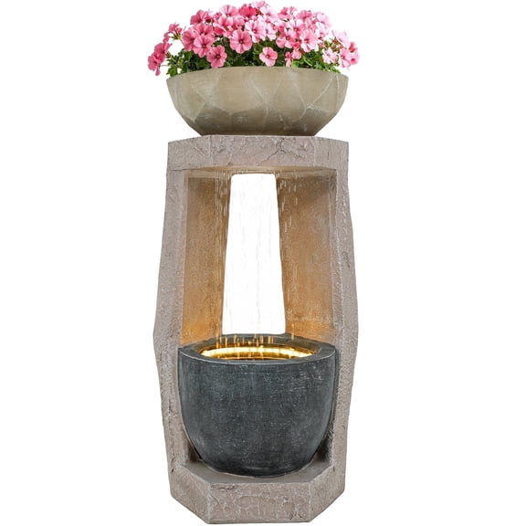 Ultym 32 inch Outdoor Water Fountain Modern Geometric Dual Bowl with Bird Feeder Resin LED Cascading Waterfall for Garden Patio Porch