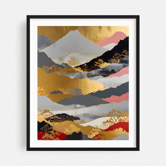 Japanese Landscape - India Painting Abstract Landscape Mountain Geometric Nature Modern Art Scenic Black Framed Wall Art Print 8 x 10 inches