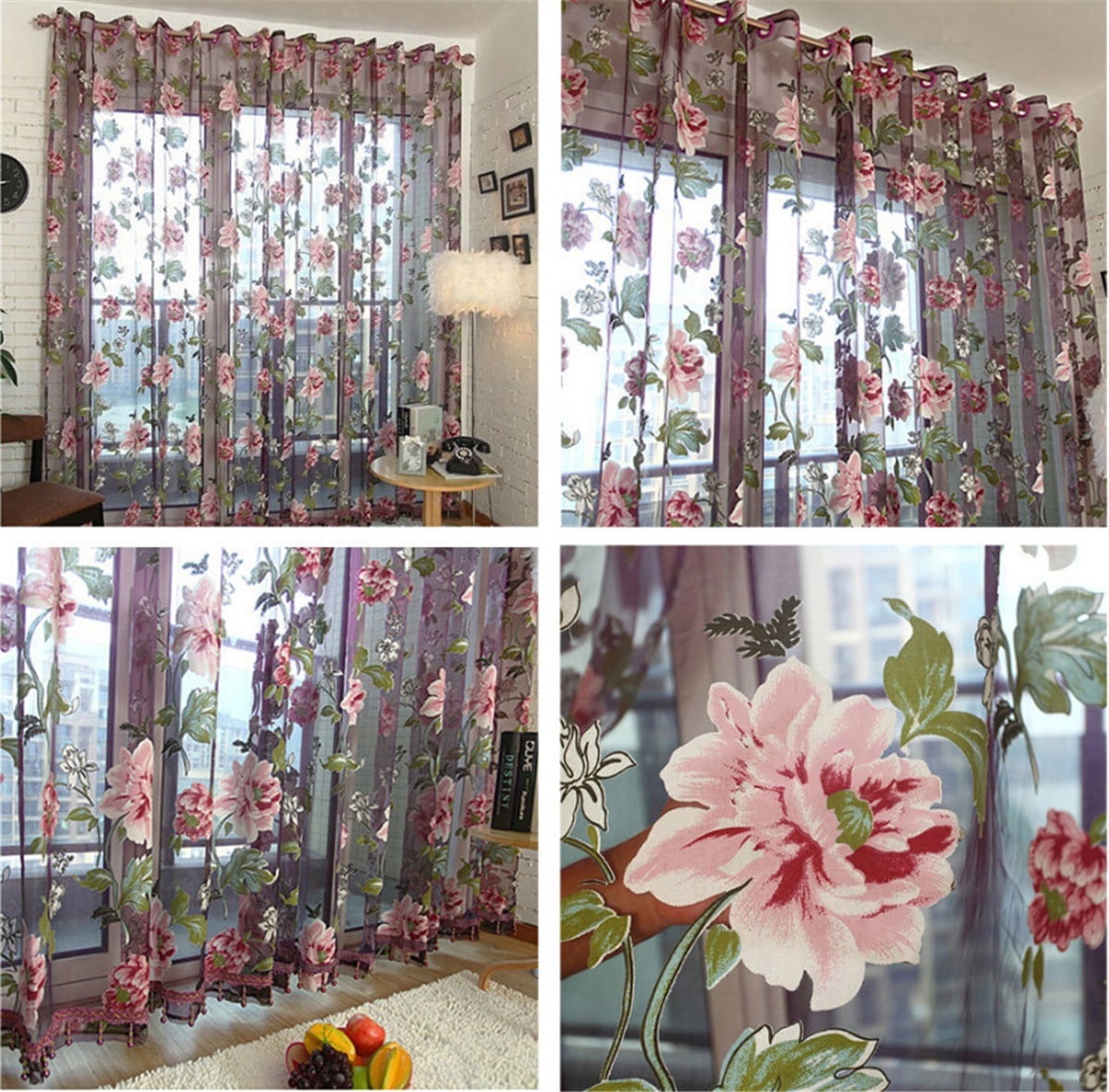 Romantic Floral Tulle Voile Door/ Curtain Drape Panel Sheer Scarf Valance 