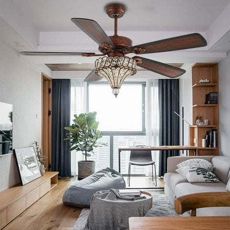 

Miumaeov 52 Retro Chandelier Ceiling Fan Light 3 Lights Gorgeous Industrial Crystal Light Fixtures With 5 Reverse Wood Blades For Restaurant Home Decoration Living Room Bedroom