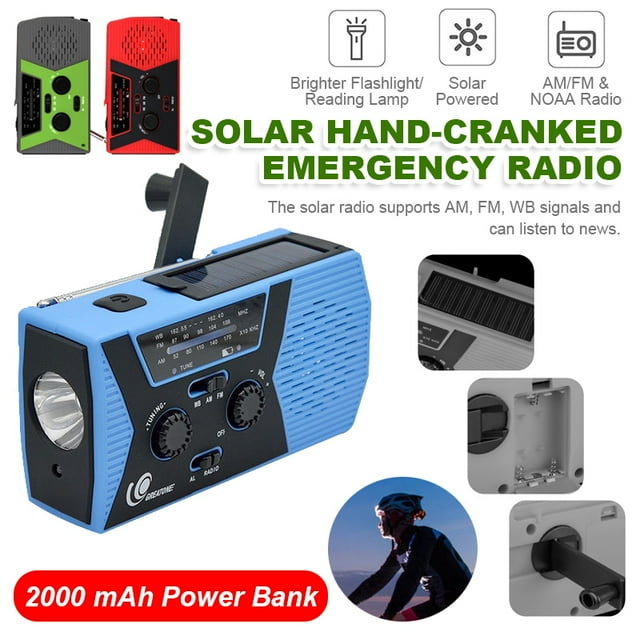 Amerteer Upgraded Emergency Solar Hand Crank Radio, 4 IN 1 Portable AM/FM NOAA Weather Radio outdoor Household Emergency Device, LED Flashlight, SOS Alarm, Compass, 2000mAh Power Bank USB Charger
