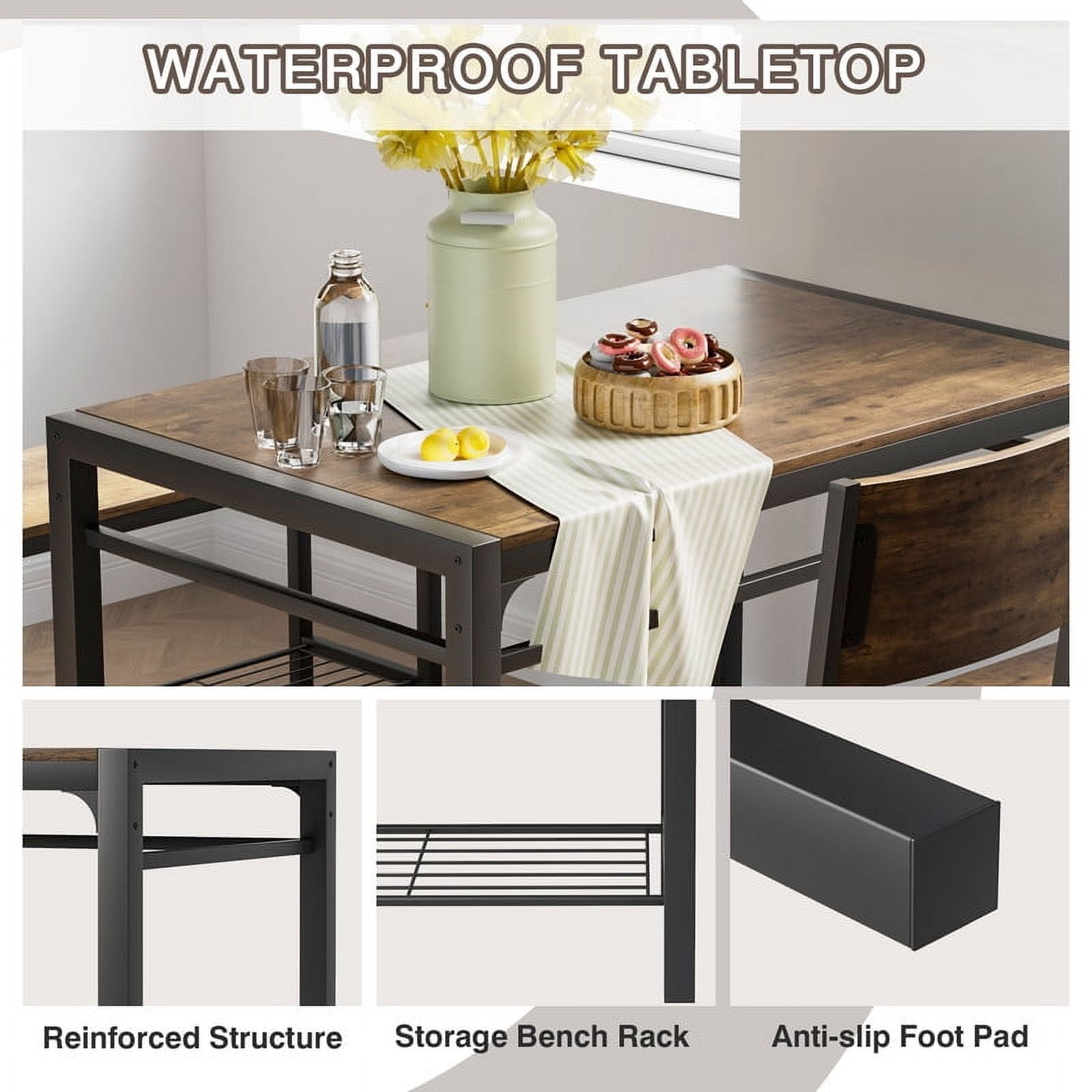 Homall 4-Piece Dining Set with Table, 2 Chairs and Bench, Indoor Outdoor Patio Kitchen Furniture, Brown