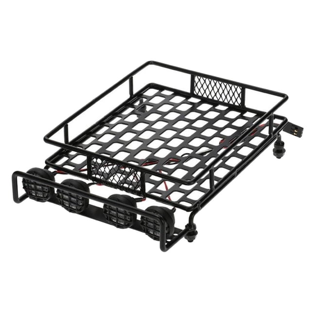 portaequipajes con portaequipajes de metal rc crawler con lámparas de lámpara de color blanca para perfke barra de techo nuevo portaequipajes de metal negro para RC crawler, vista frontal en 3/4; rejilla rectangular con marco tubular, cuatro focos redondos LED blancos en barra frontal, soportes de montaje y conector de cable visibles, dimensiones aprox. 167x112x40 mm, adecuado como accesorio para modelos RC y para personalizar maletas de transporte de escala.
