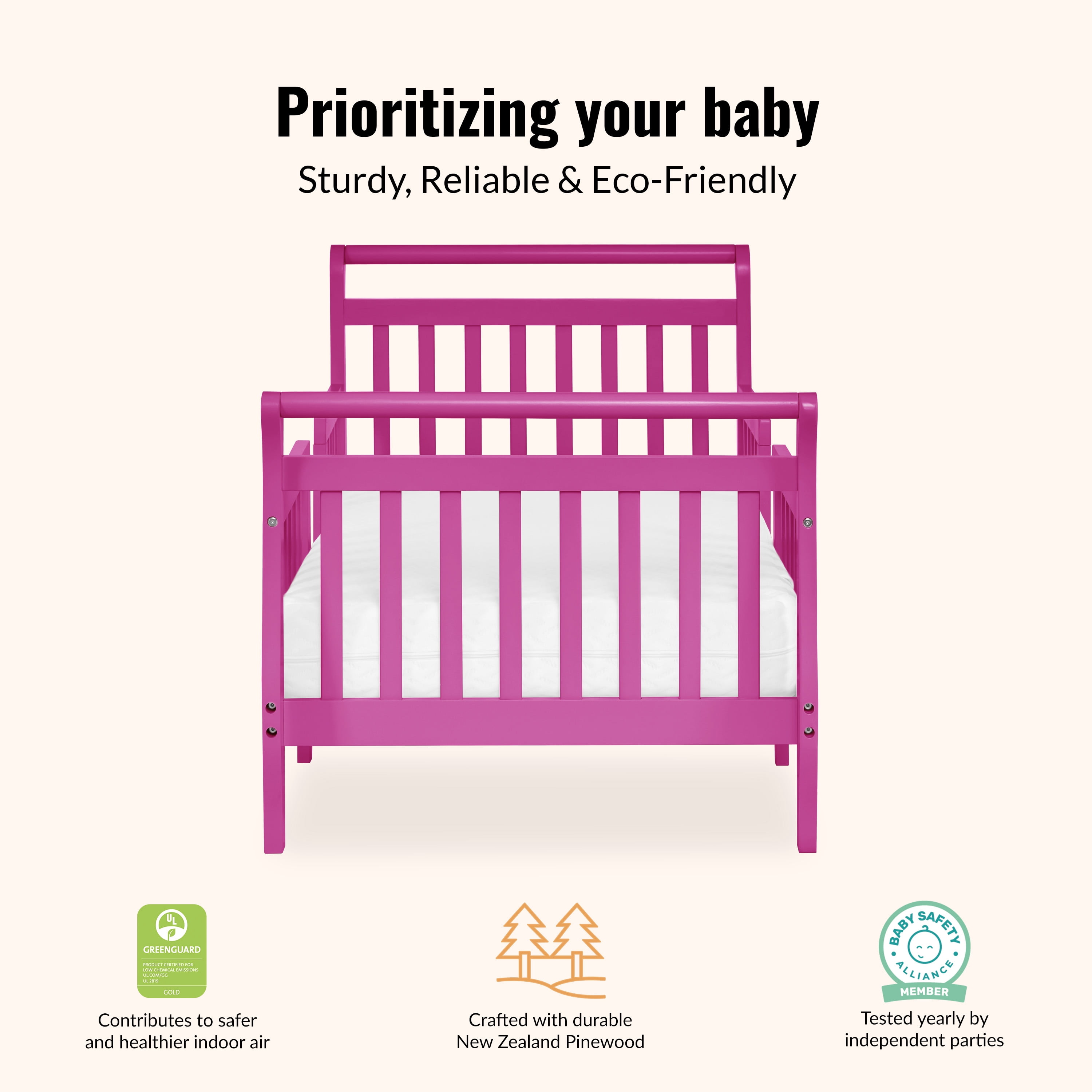 Dream On Me Emma 3-in-1 Convertible Toddler Bed, Fuchsia Pink