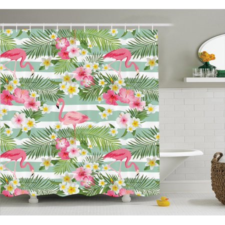 Exotic Shower Curtains Flamingo Decor Shower Curtain Set, Flamingos With Exotic Hawaiian Leaves And Flowers On Striped Vintage Background, Bathroom Accessories, 69W X 70L Inches, By Ambesonne ()