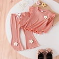 thumbnail image 2 of Glisme 2 Pcs Girls Outfits Kids Flounce Sleeve Top And Leopard Print Flare Leg Pants Clothing Sets Pink Skin Friendly Fit Suit For Girl/9-12 Months, 2 of 9