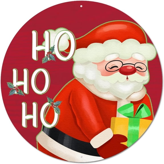 Christmas Santa Claus Ho Ho Ho Vintage Round Metal Tin Sign Plaque Circle Metal Poster Sign Funny Room Door Sign Retro Wreath Sign for Christmas Pub Cafe Decor 8"x8"