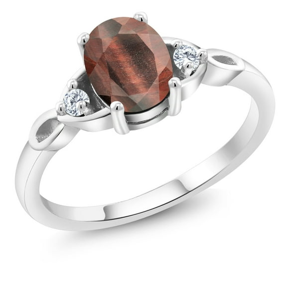 Gem Stone King 925 Sterling Silver Red Tiger Eye and White Lab Grown Diamond 3-Stone Rings for Women (1.33 Cttw, Gemstone, Oval 8X6MM, Available in Size 5, 6, 7, 8, 9)