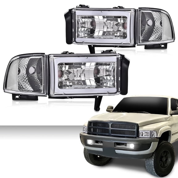 PIT66 1Pair Headlight LED Light Strip w/o Bulbs Clear Lens Chrome Housing Clear Refelector Fit for Dodge Ram 1500 1994-2001/Dodge Ram 2500 3500 1994-2002 (Not Fit Sport & Ram Van Model)