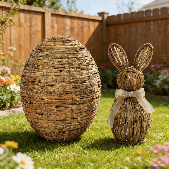 Lighted Easter Egg Decorations, Hand-Woven Rattan Eggs , 17.7" Rustic Farmhouse Spring Decor for Table Centerpiece, Garden