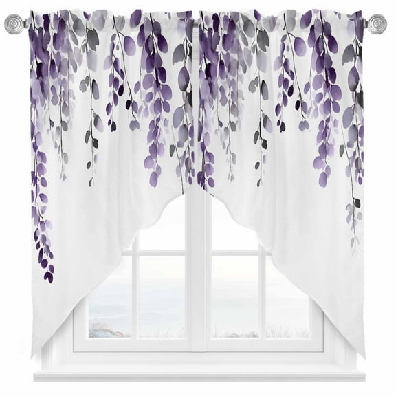 Dark Purple Swag Valances for Windows 2 Pack Eucalyptus Leaves Watercolor Plants Country Swag Kitchen Curtains 36 Inches Long Rod Pocket Short Window Treatment for Kitchen Bathroom 36"x36"