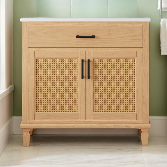 36" Bathroom Vanity with Ceramic Sink, Rattan Bathroom Cabinet with Soft Close Doors & Drawers, Solid Wood Legs, Natural