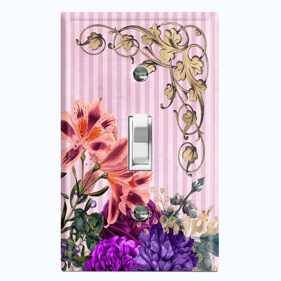 Metal Light Switch Plate Outlet Cover Elegant Pink Floral Striped Damask FLW075