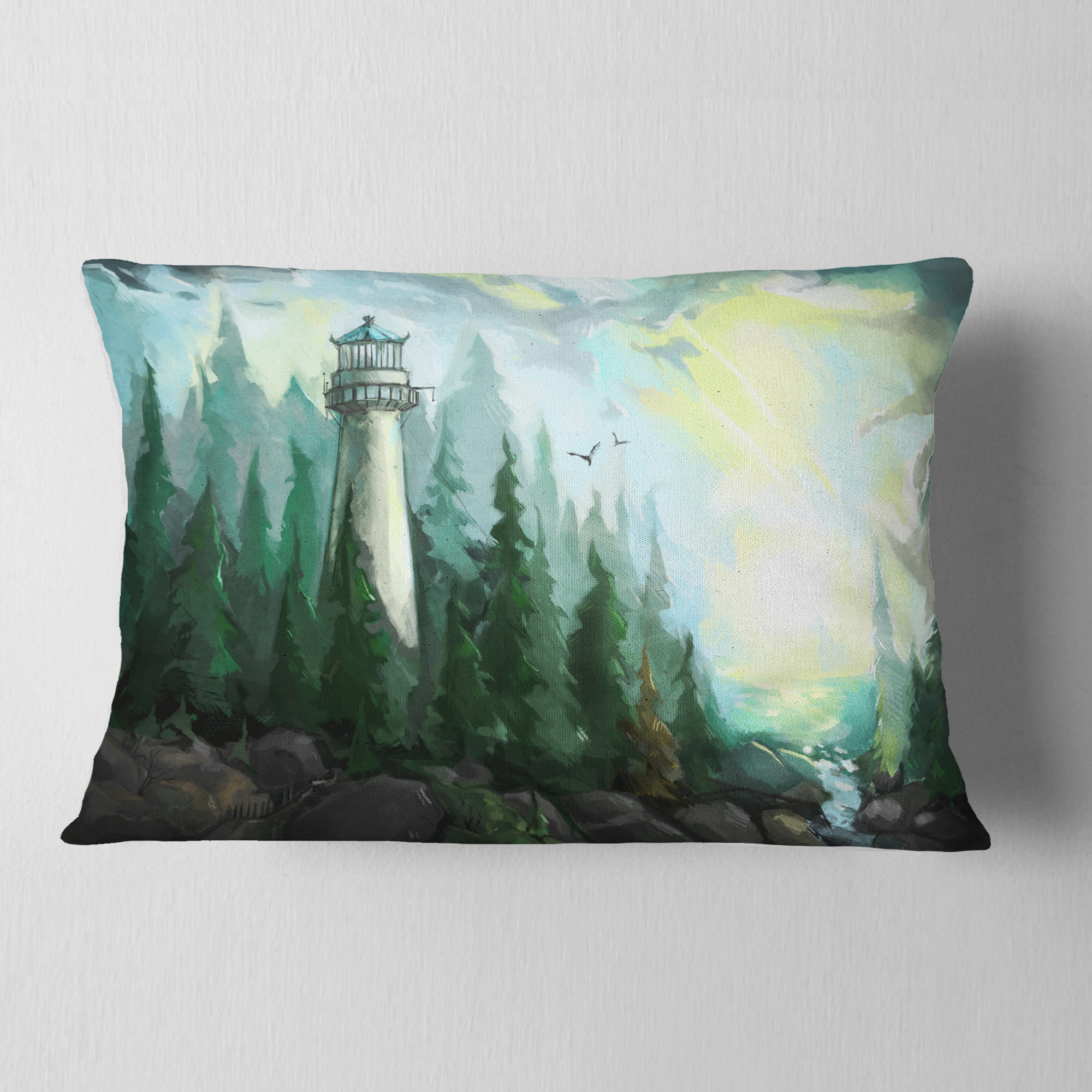 Designart Landscape with River and Trees - Modern Painting Throw Pillow - 12x20