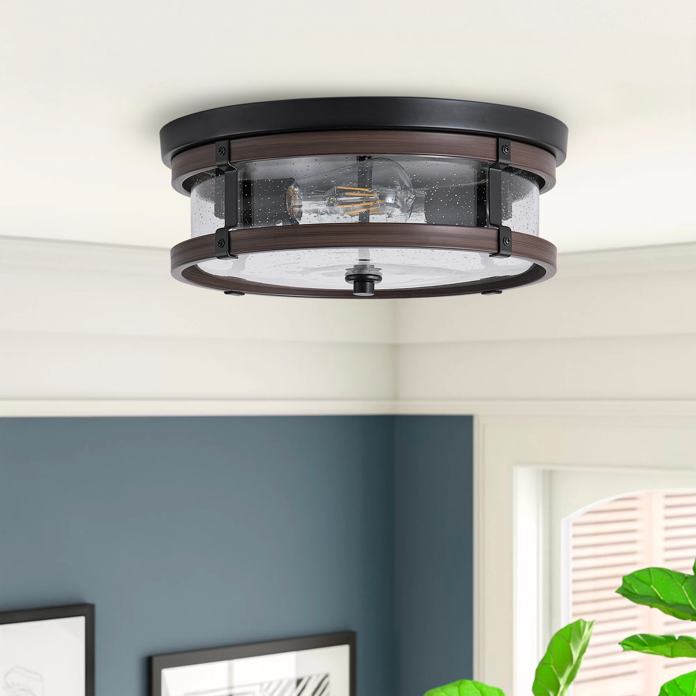 2-Light Oil-rubbed Bronze Industrial Semi Flush Mount Ceiling Light, Modern Farmhouse Close to Ceiling Light Fixture for Kitchen Hallway Bedroom Corridors