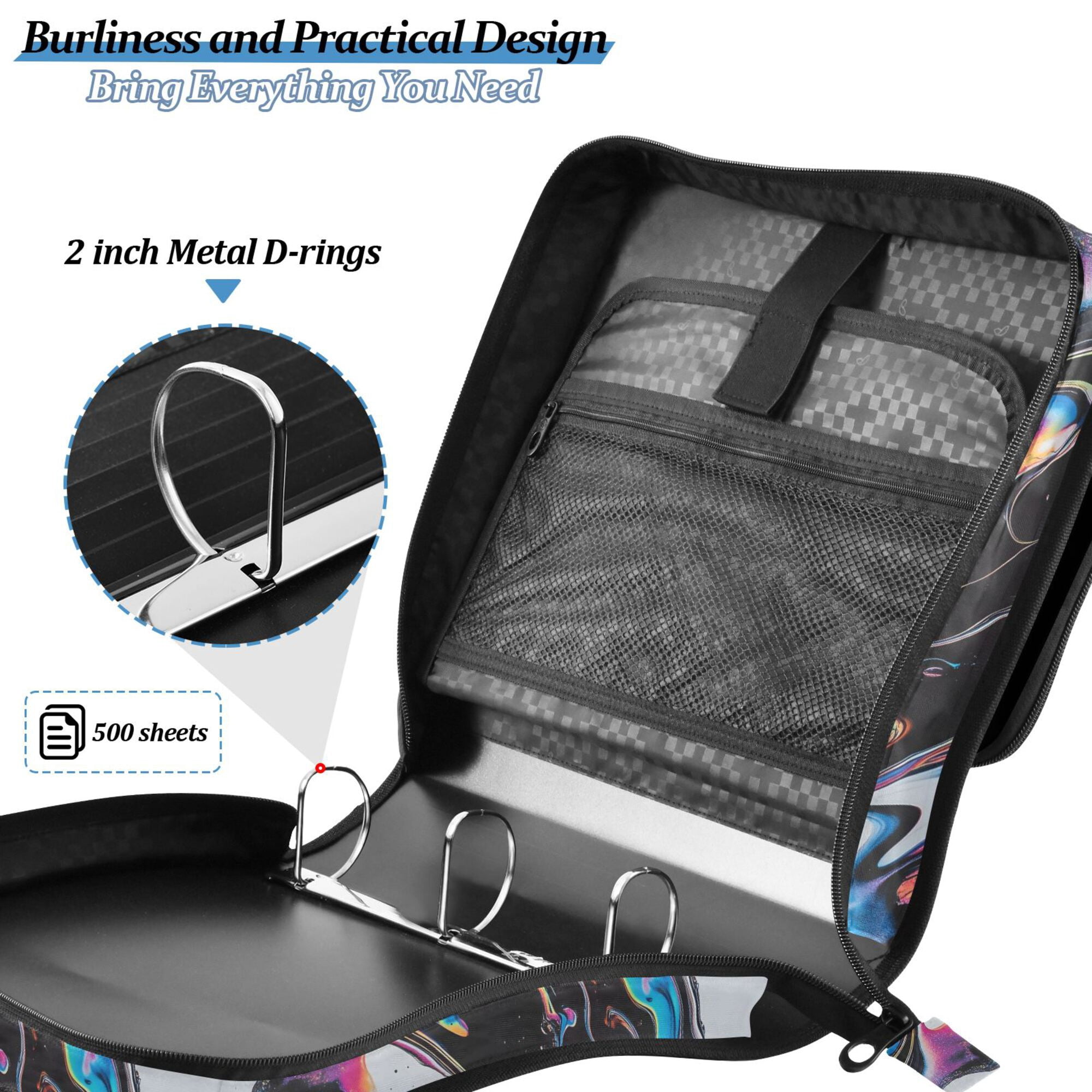 FORMRS Zipper Binder with Shoulder Strap 2-inch Ring 500 Sheet Capacity File Bag, Black