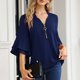 thumbnail image 2 of Blusa informal de moda para mujer con cuello en V y cremallera, manga acampanada, color sólido Pompotops FGAJ5821, 2 of 8