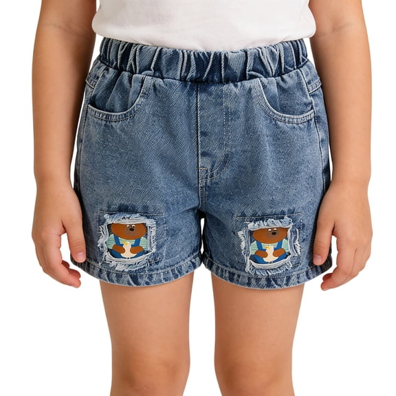 Gunia Jean Shorts For Toddler Girls Denim With Cute Bear Print Distressed Casual Summer Elastic Waist Outdoor Play Girl Denim Shorts 18M-6Y