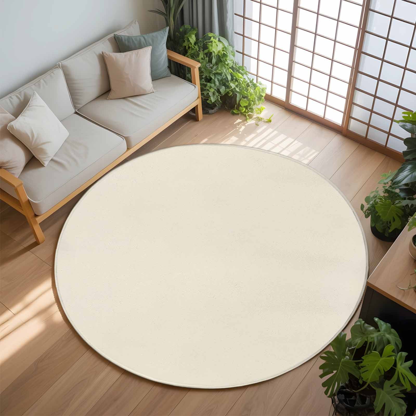 Cream 6ft Round Rug, Farmhouse Solid Beige Color Modern Art Non-Skid Rubber Backing Large Area Rugs - Living Room Bedroom Home Office, Indoor Floor Mat Carpets Washable Rug