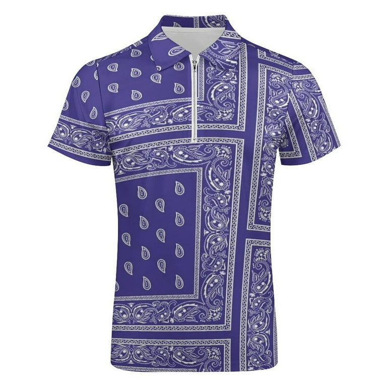 Purple Bandana Men Zipper T-shirt Summer Casual Short Sleeve
