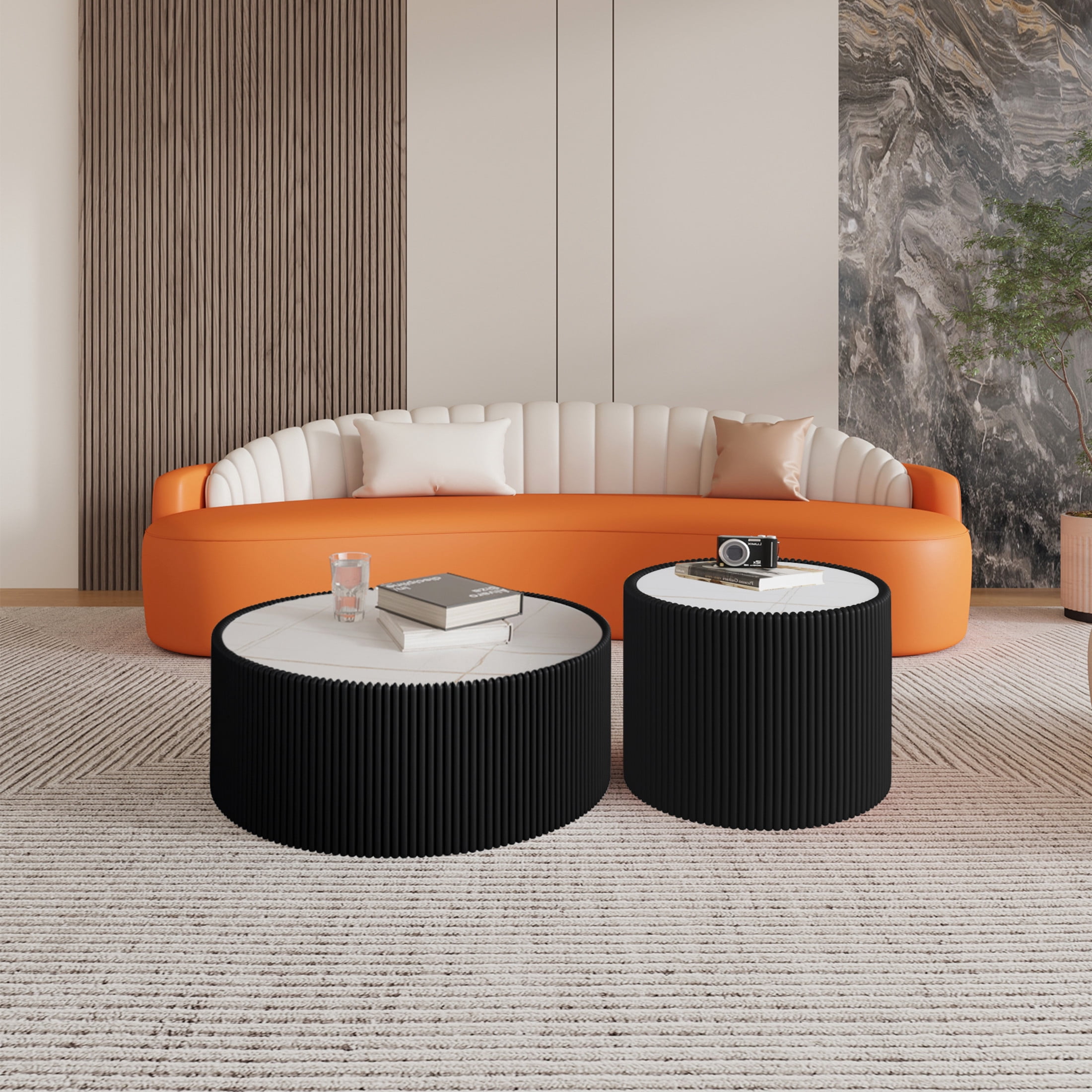 Noble House Halvion 29" Cylinder Sintered Stone Coffee Table with Leather Wrapped Frame, Modern Sofa Table, Black