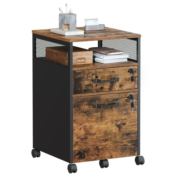 VASAGLE File Cabinet, Mobile Filing Cabinet with Wheels, 2 Lockable Drawers, Open Shelf, for A4, Letter Size, Hanging File Folders, Rustic Brown and Ink Black