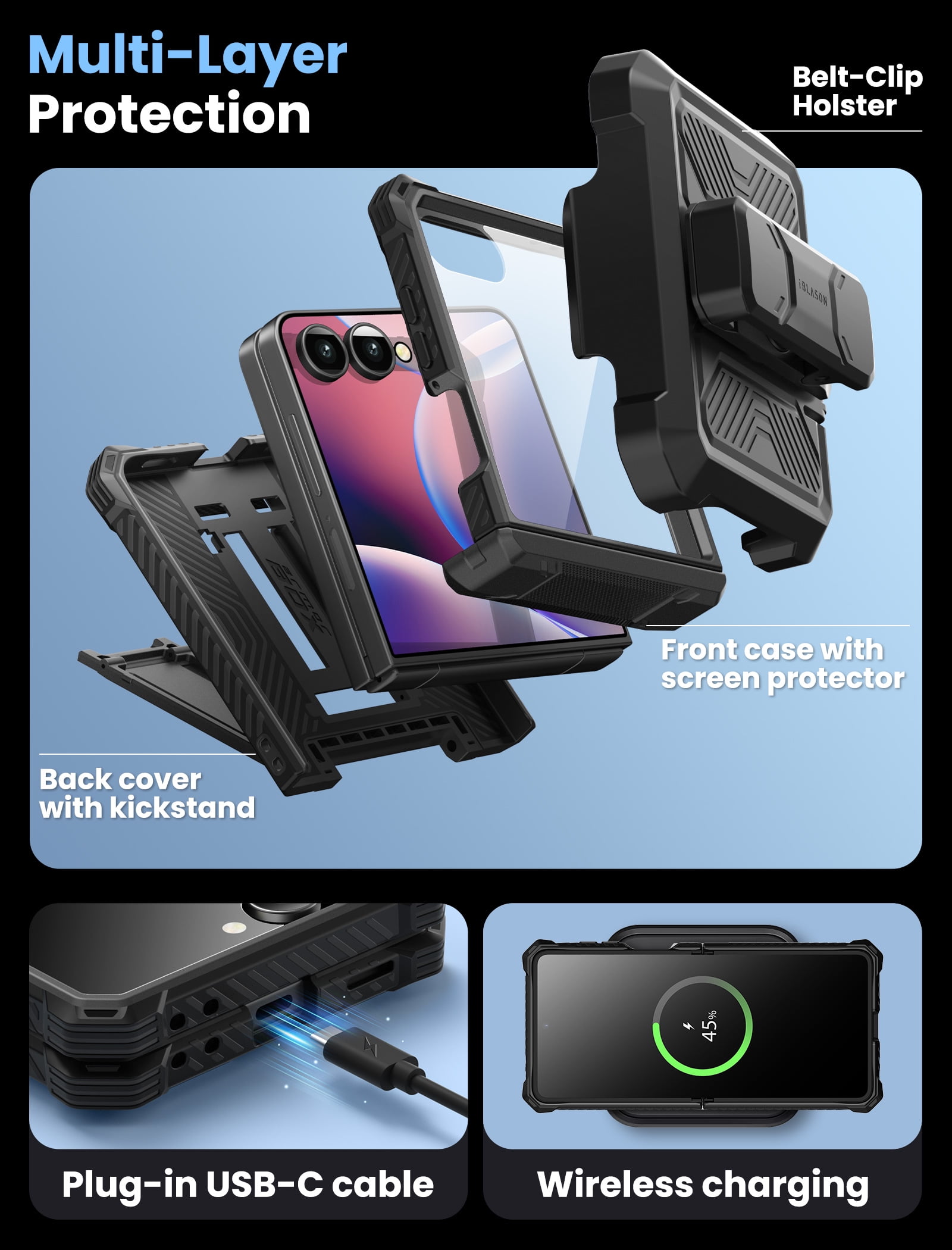 i-Blason Armorbox for Samsung Galaxy Z Flip 7 Case with Stand, [Built-in 9H Screen Protector] [with Belt-Clip] [Hinge Protection], Full-Body Military Protection Phone Case for Samsung Z Flip 7, Black