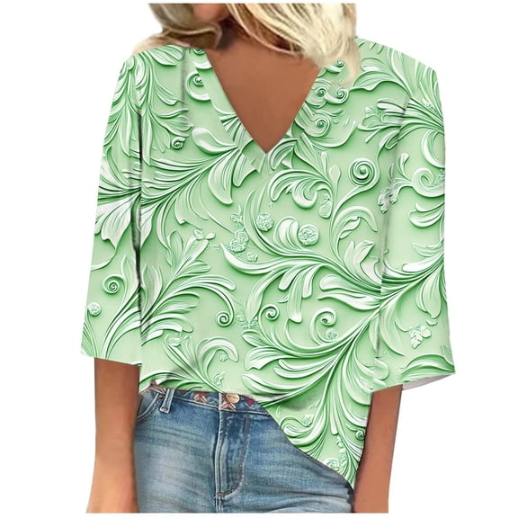 Zwiiyzr Women's T-Shirt Long Sleeve Summer V Neck Printed Blouse Green (S)