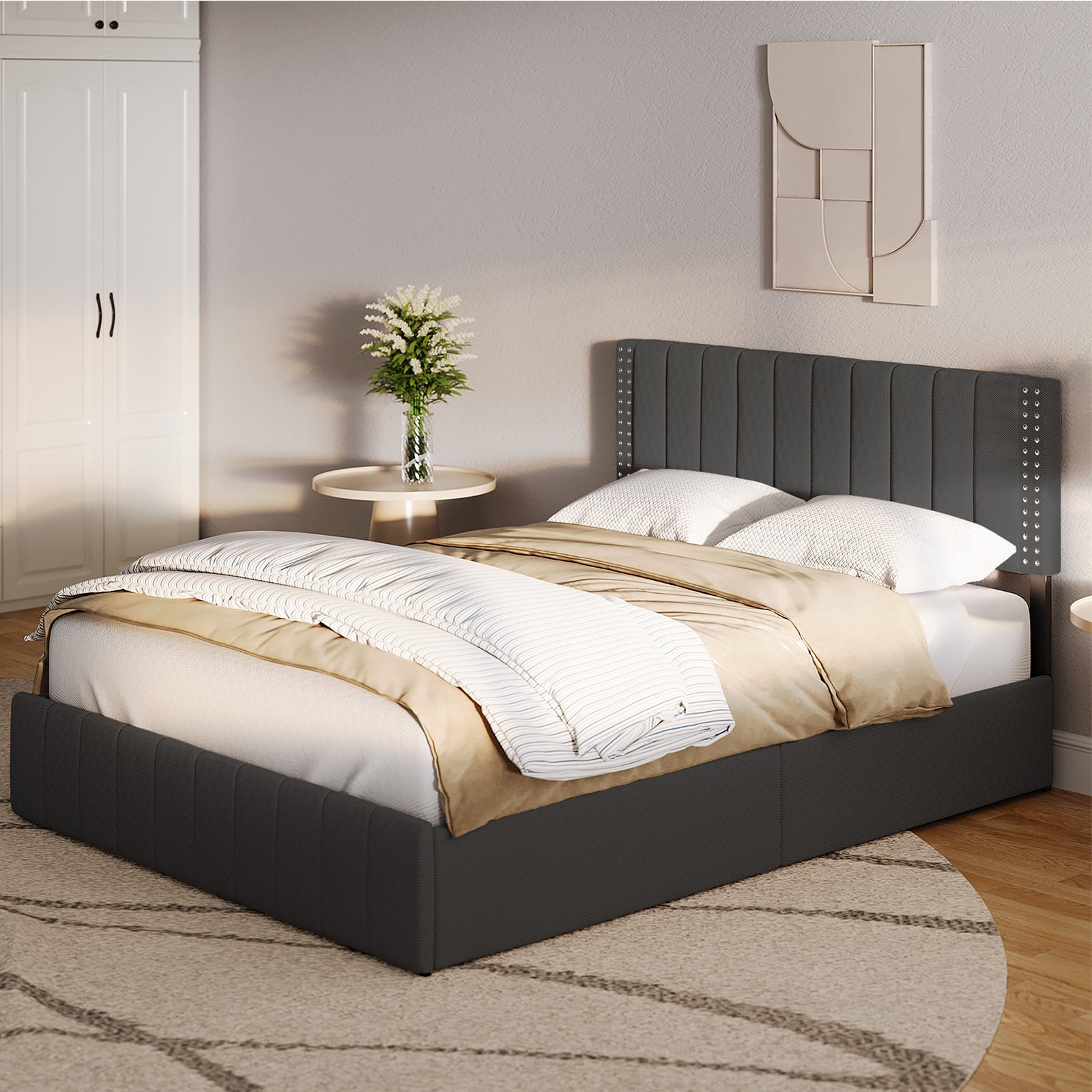 Asofer Full Size Storage Bed Frame w/4 Wheels, Adjustable Headboard & Wood Slats, Dark Gray​