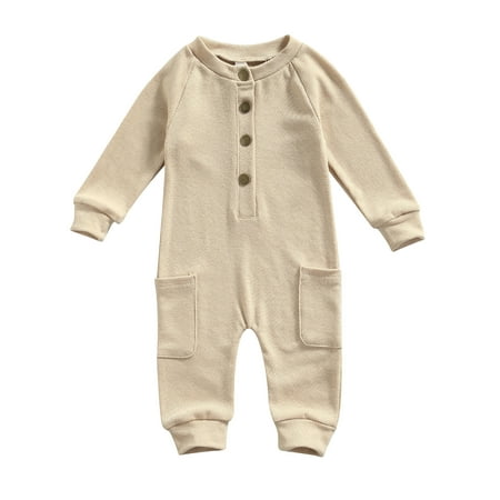 

Yinyinxull Autumn Baby Boys Girls Rompers Solid Knit Long Sleeve Single Breasted Pocket Jumpsuits Clothes Khaki 0-3 Months