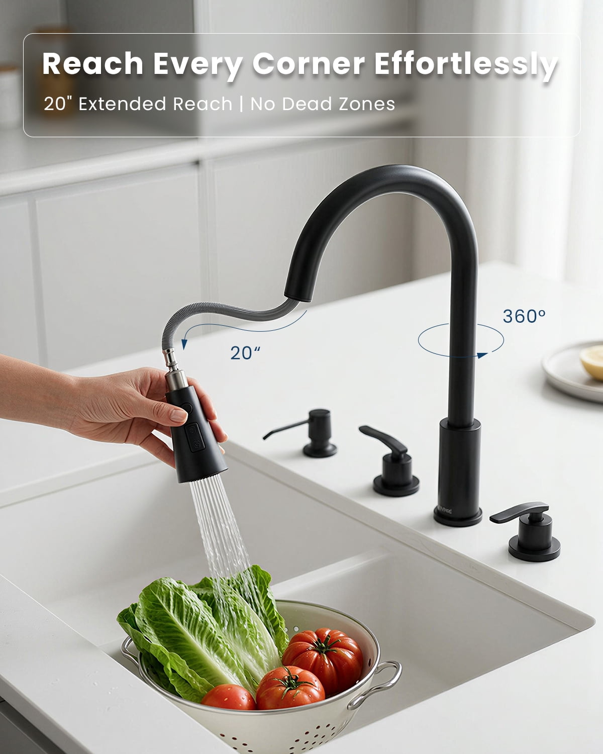DAYONE Matte Black 3 Hole Kitchen Faucet with Separate Handle and Pull Down Sprayer, 2 Handle Sink Faucets for Kitchen RV Laundry Bar