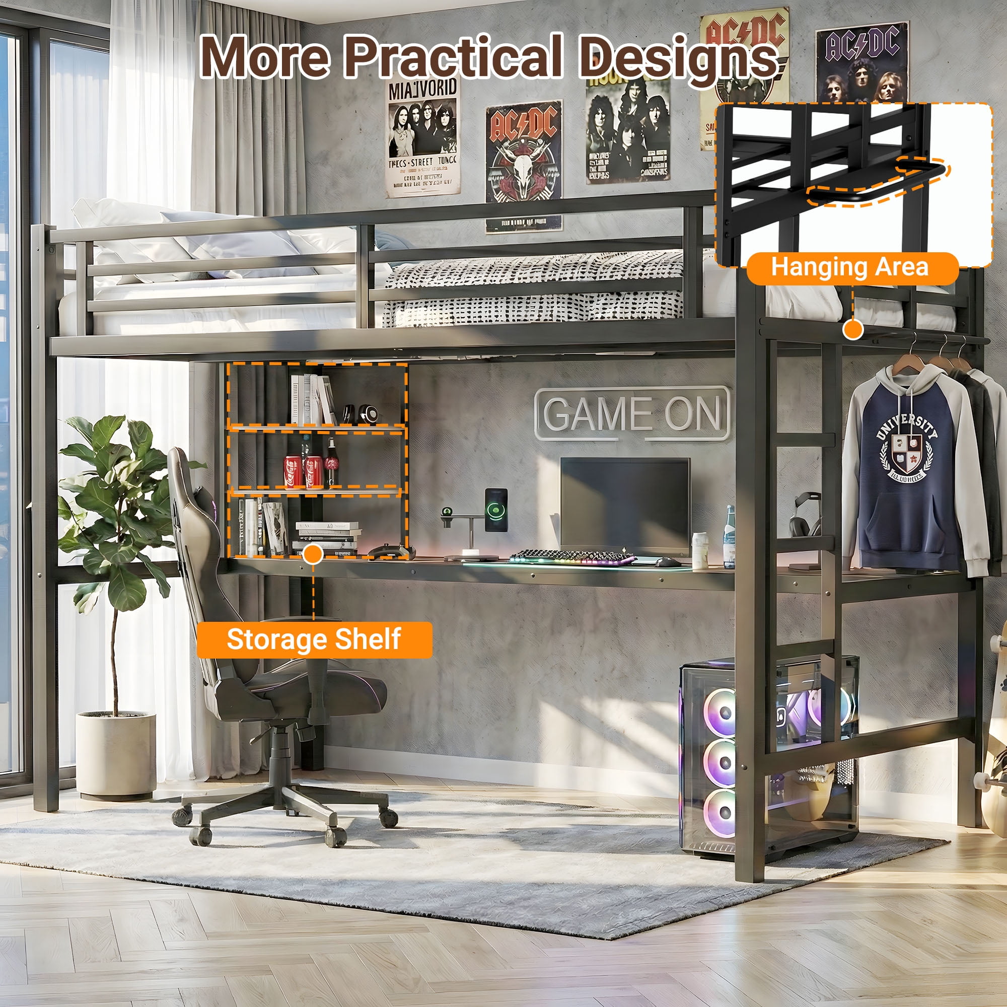 Twin XL Loft Bed with Desk and Storage Shelves, Metal Loft Bed with Charging Station and LED Lights