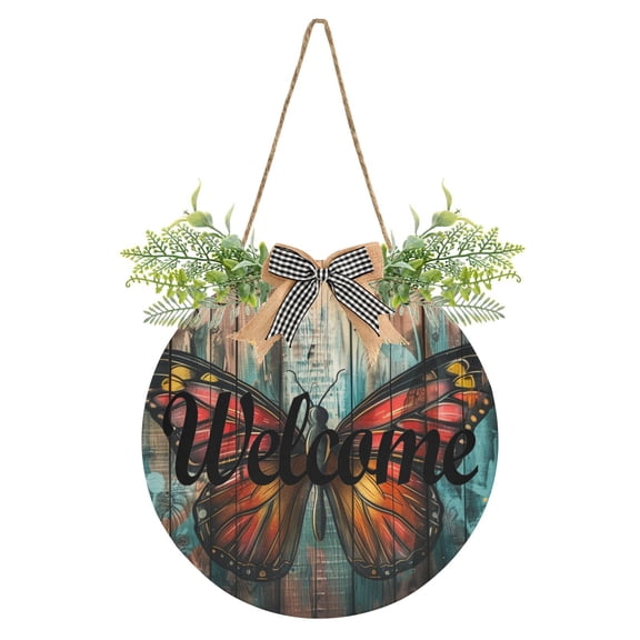 Butterfly on Wall Welcome Sign for Front Door Wreath Door Sign for Farmhouse Porch Decoration Indoor Outdoor