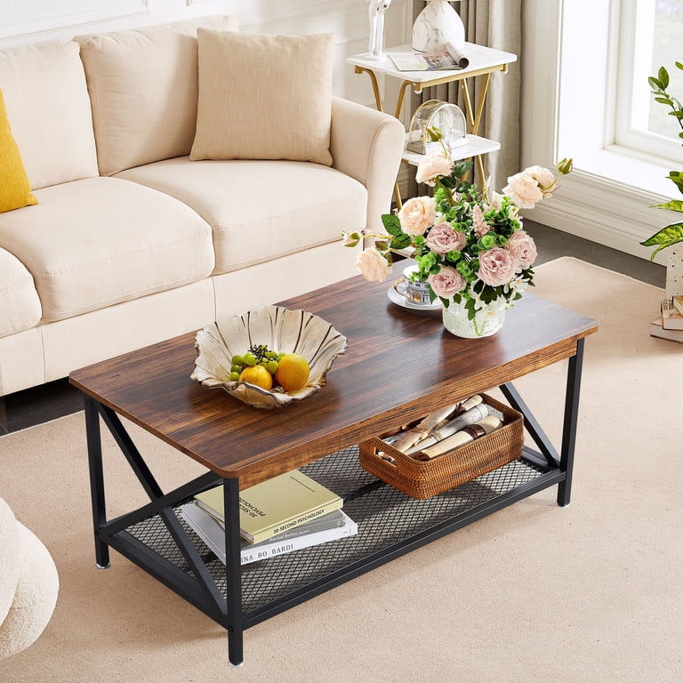 IFANNY 44\" Rectangle Coffee Table With Storage Shelf - Industrial Wood & Metal Cocktail Table