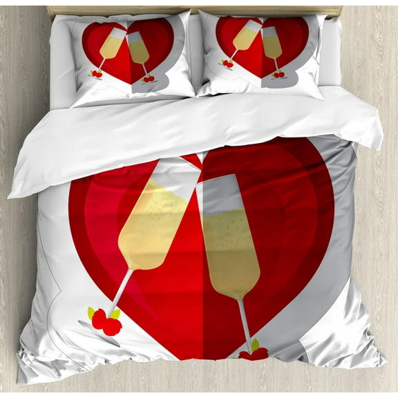 Engagement Party Queen Size Duvet Cover Set, Toasting Champagne Flute Glasses and Rose Buds on Dashed Heart Icon, Decorative 3 Piece Bedding Set with 2 Pillow Shams, Vermilion Mustard, by Ambesonne