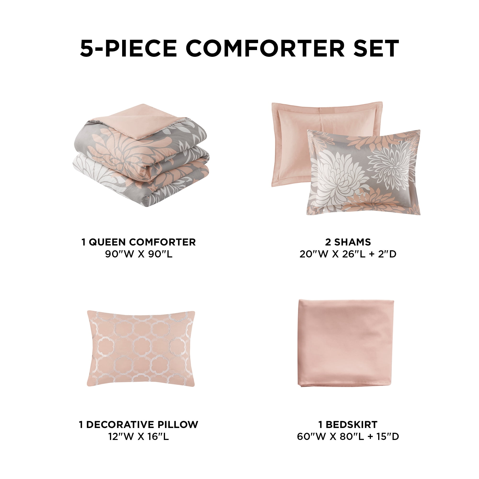Regency Heights Queen Size Comforter Set, 5-Piece Floral Bedding Set for All Season, Blush Comforter Set Queen with Bed Skirt
