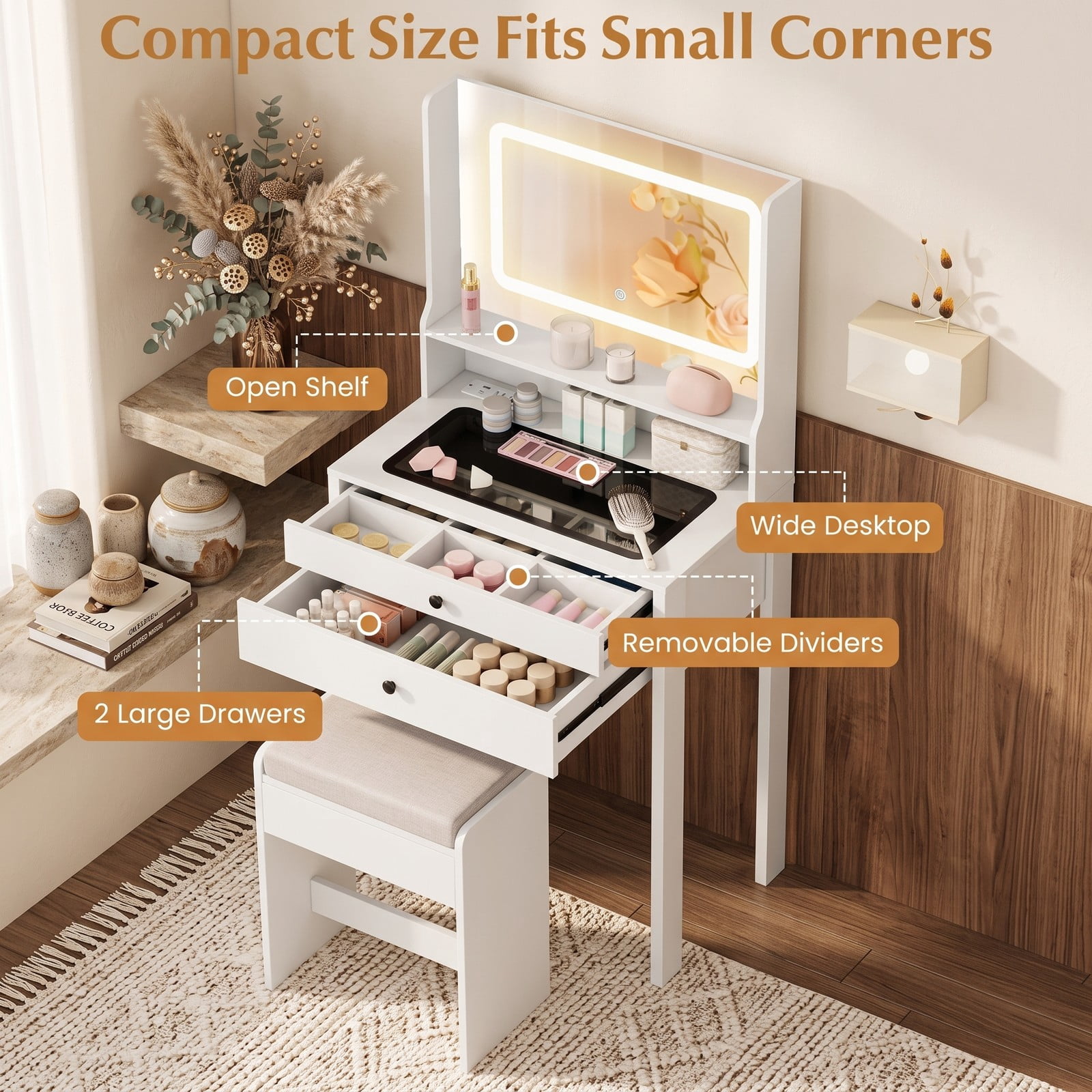 Furnibear Small Vanity Desk with Mirror and Lights, Compact Makeup Vanity Table with Power Outlets, 2 Drawers and Cushioned Stool for Bedroom, White