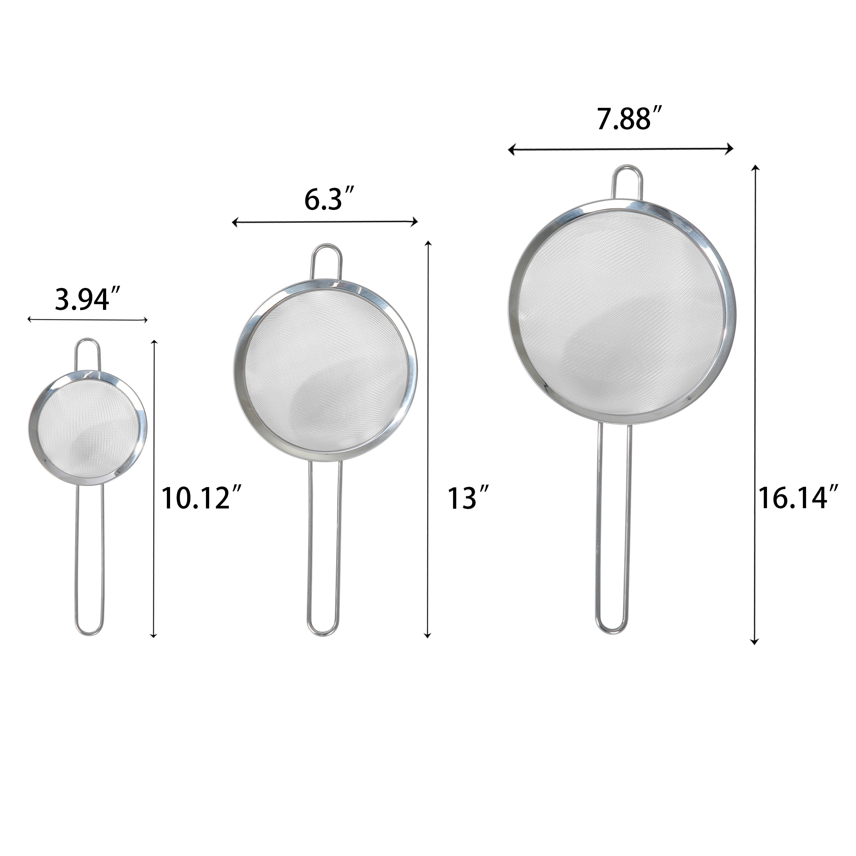 Mainstays 3-Pack Stainless Steel Fine Mesh Strainers, 4 in, 6 in, 8 in, Silver