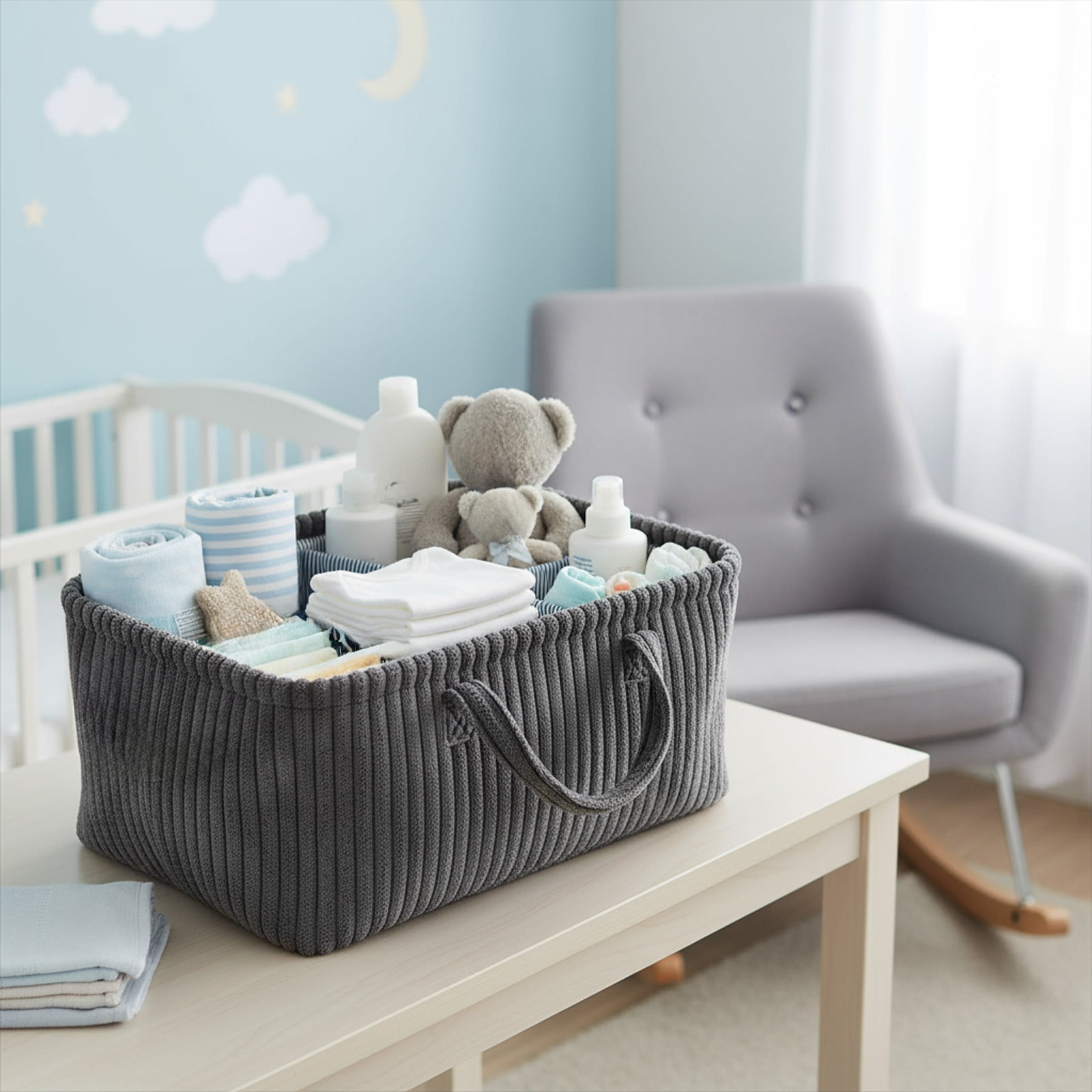 Baby Diaper Caddy Organizer for Changing Table – Stylish Nursery Storage Basket, Newborn Essentials, Baby Shower Gifts and Registry Must-Haves for Boy or Girl, Car Diaper Caddy, Corduroy