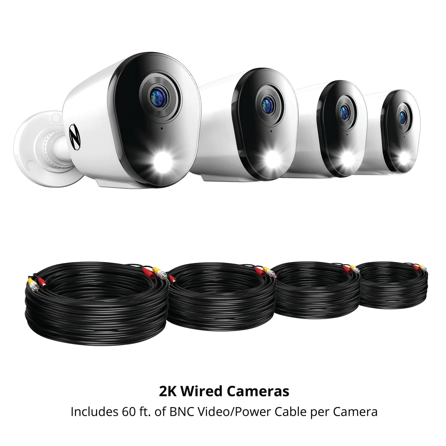 Night Owl WM-FTD4HS-4644L Water-Resistant 2K 4 Channels Video Surveillance Cameras with DVR, 4 Wired 2K Cameras, 64GB MicroSD Card, White (4 Pack)