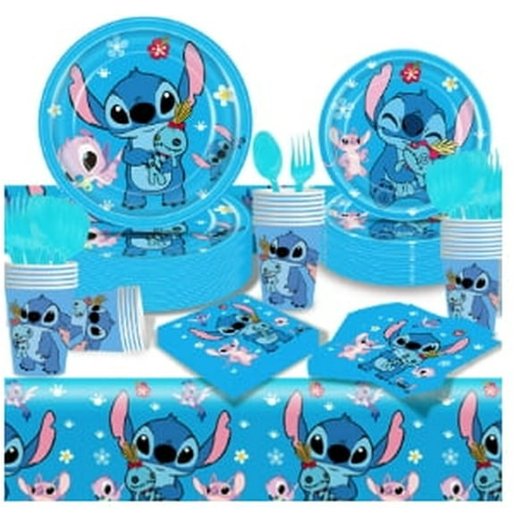 Kicpot Stich Birthday Party Supplies, Stich Party Pack Tableware Decorations with Paper Plates and Napkins Banner Tablecloth Serves 20