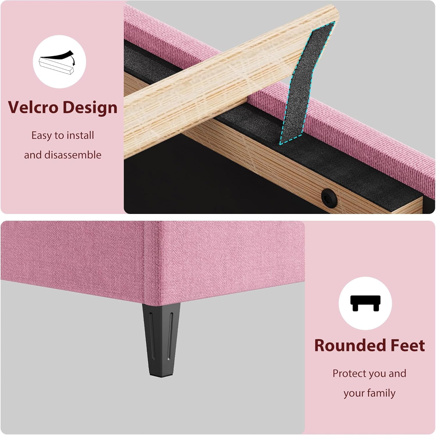 ChaoLink Queen Bed Frame with Upholstered Headboard, Wood Slat Platform, No Box Spring Needed, Noise-Free, Easy Assembly, Pink