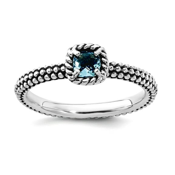 2.5mm 925 Sterling Silver Prong set Oxidized Stackable Checker-cut Blue Topaz Antiqued Ring Size 10 Stackable Ring for W
