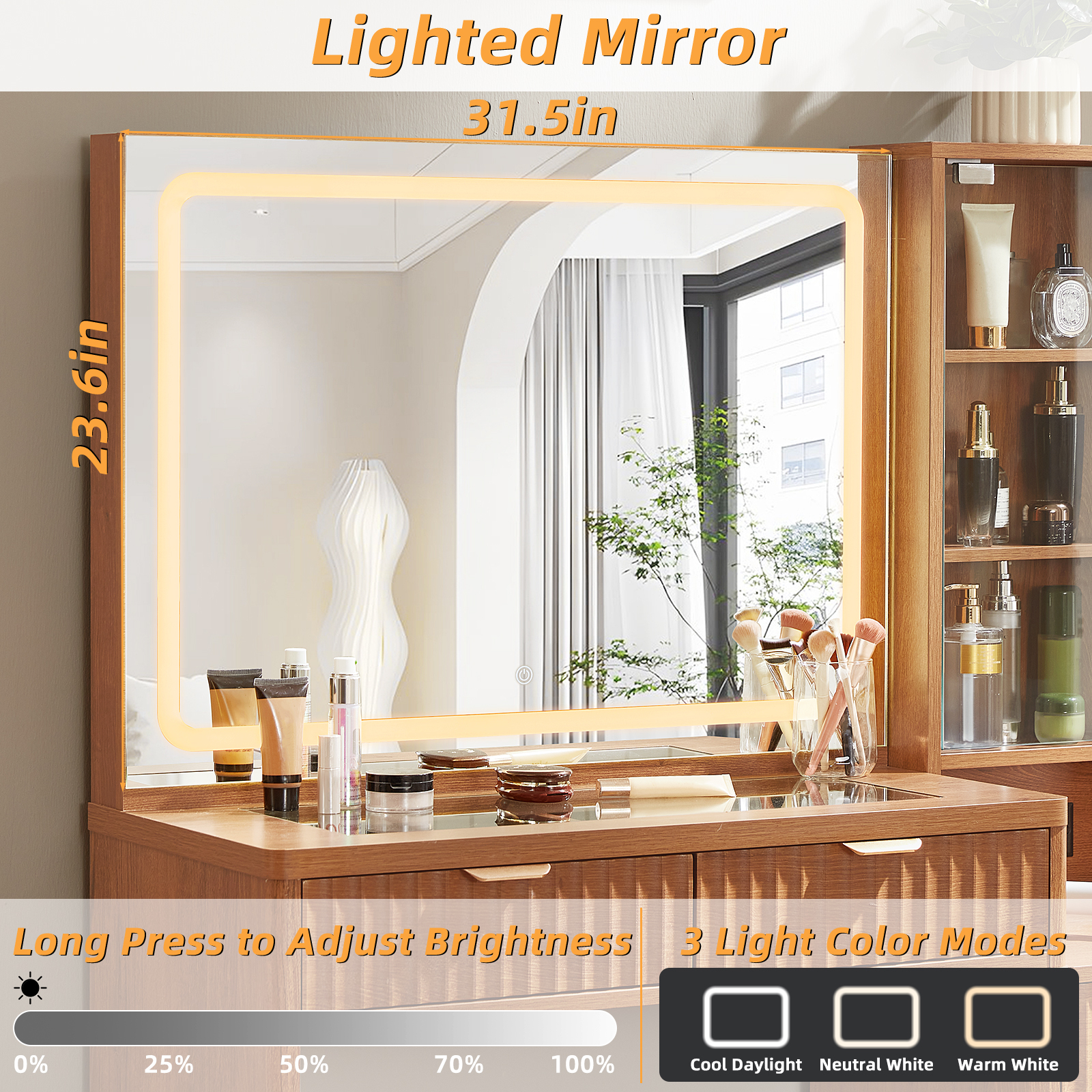 43.5" Fluted Vanity Desk with Mirror, LED Light, Power Outlet, Makeup Vanity with Storage Cabinet and Foldable Panel, Vanity Set with Cushioned Stool - Brown