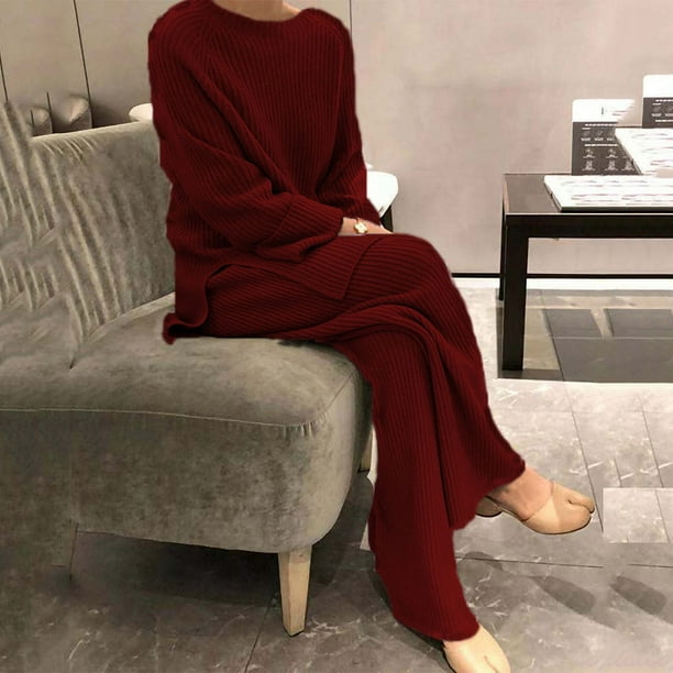 Conjunto de suéter de punto para mujer, ropa de calle diaria, básica, pura, Simple, suave, deportiva, pantalón, cuello redondo, manga larga, Otoño e Invierno