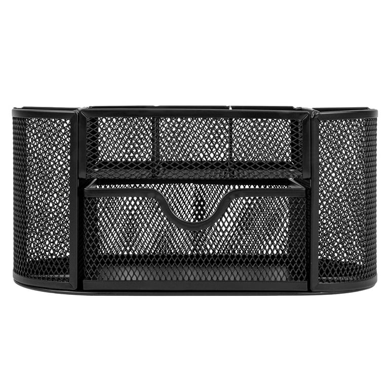 VANRA Metal Mesh Desk Supply Caddy Desktop Office Supplies Organizer Supply  Holder 8 Compartments with Drawer (Black)